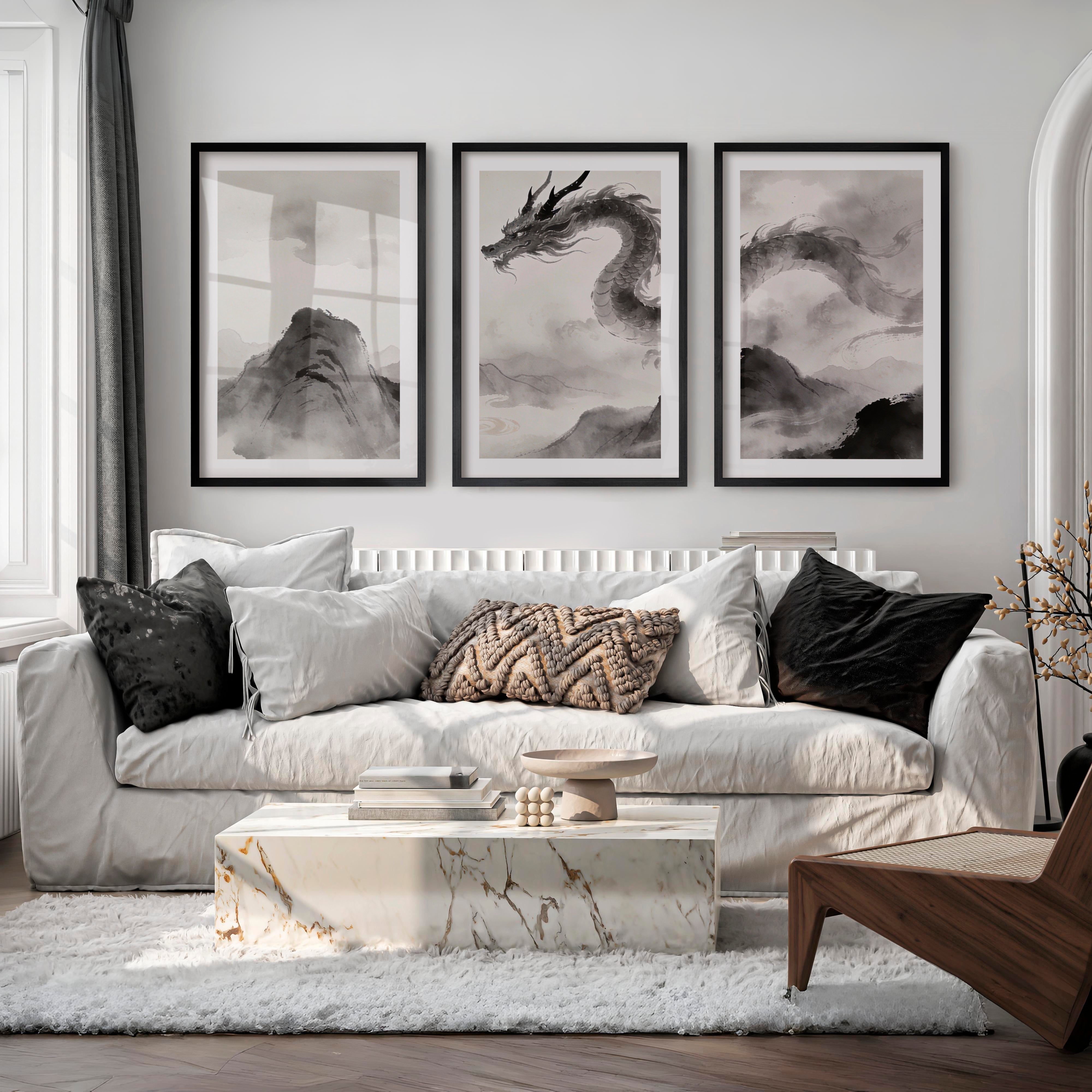 Dragon Over Misty Mountains in japandi decor - Black Framed Poster with White Border - Artworksets