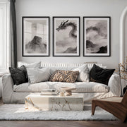 Dragon Over Misty Mountains in japandi decor - Black Framed Poster with White Border - Artworksets