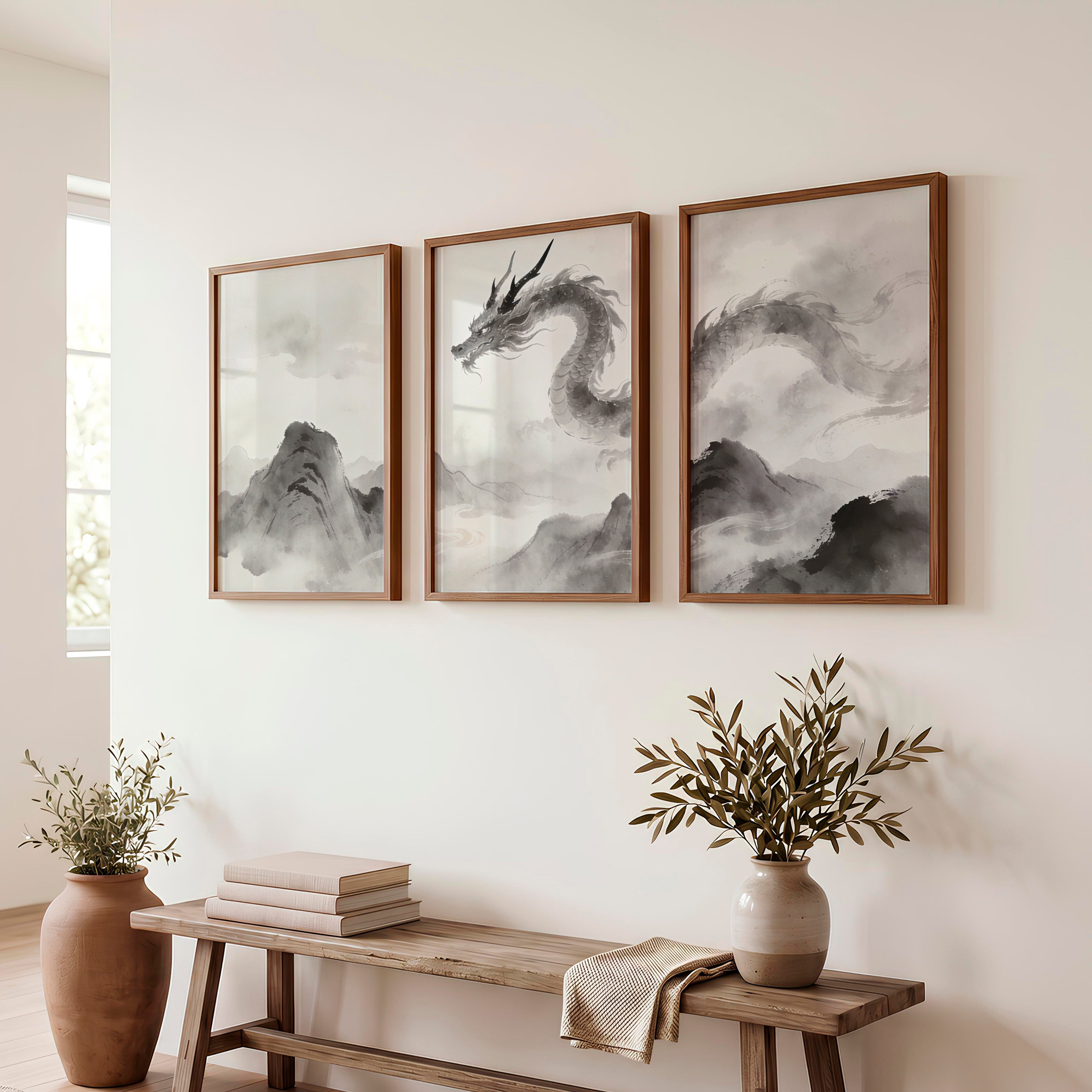 Dragon Over Misty Mountains in japandi decor - Dark Brown Framed Poster No Border - Artworksets