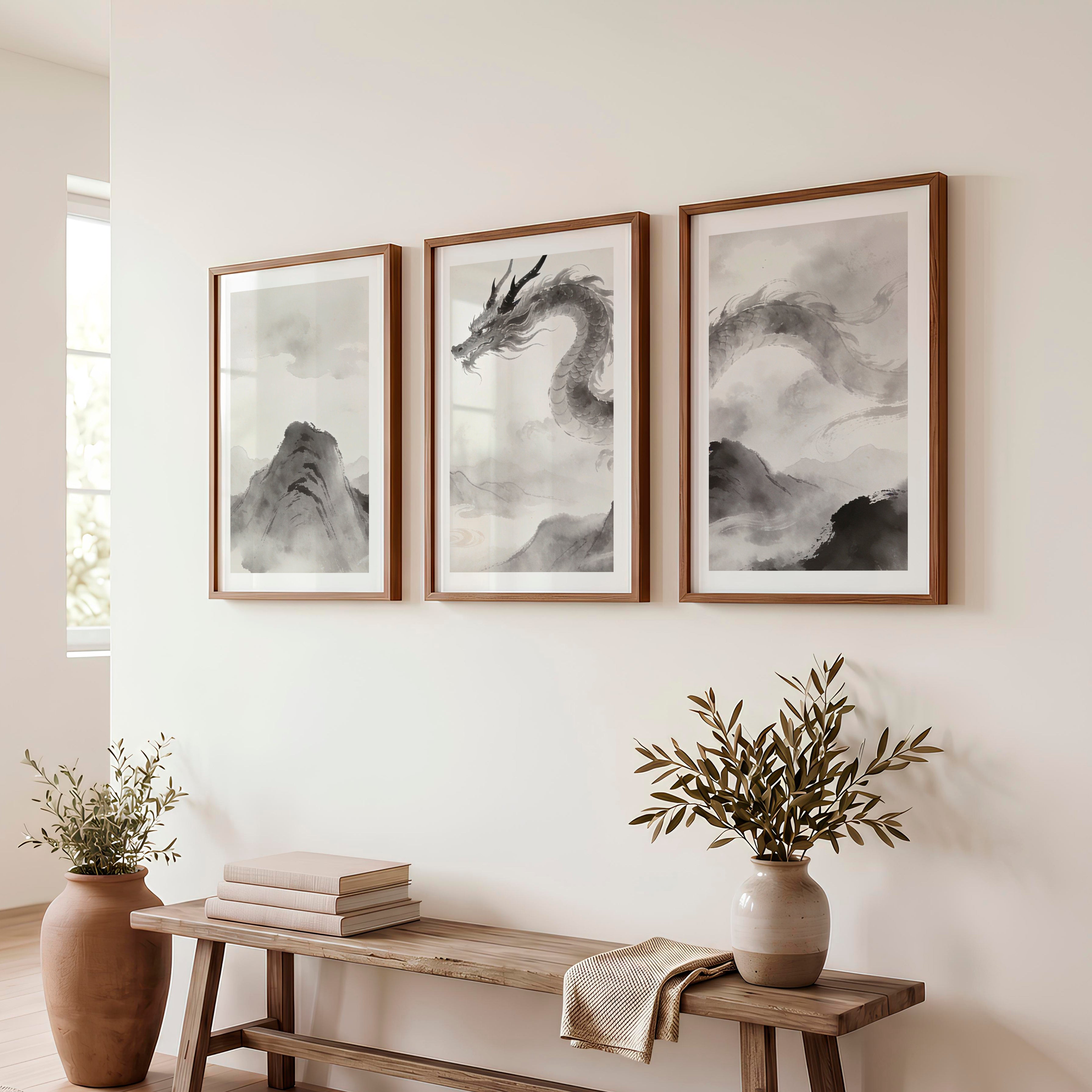 Dragon Over Misty Mountains in japandi decor - Dark Brown Framed Poster with White Border - Artworksets