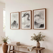 Dragon Over Misty Mountains in japandi decor - Dark Brown Framed Poster with White Border - Artworksets