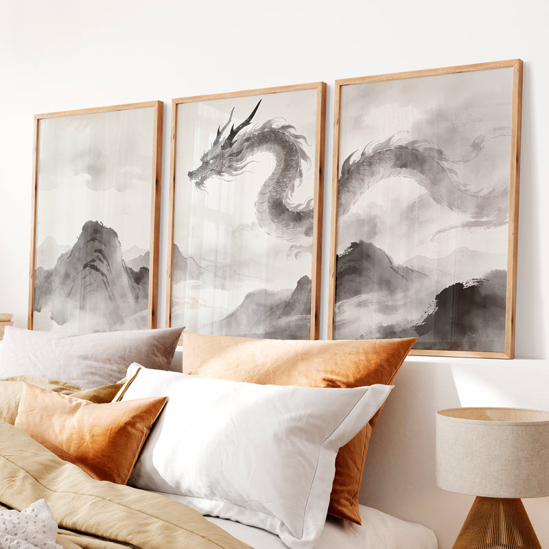 Dragon Over Misty Mountains in japandi decor - Natural Wood Framed Poster No Border - Artworksets