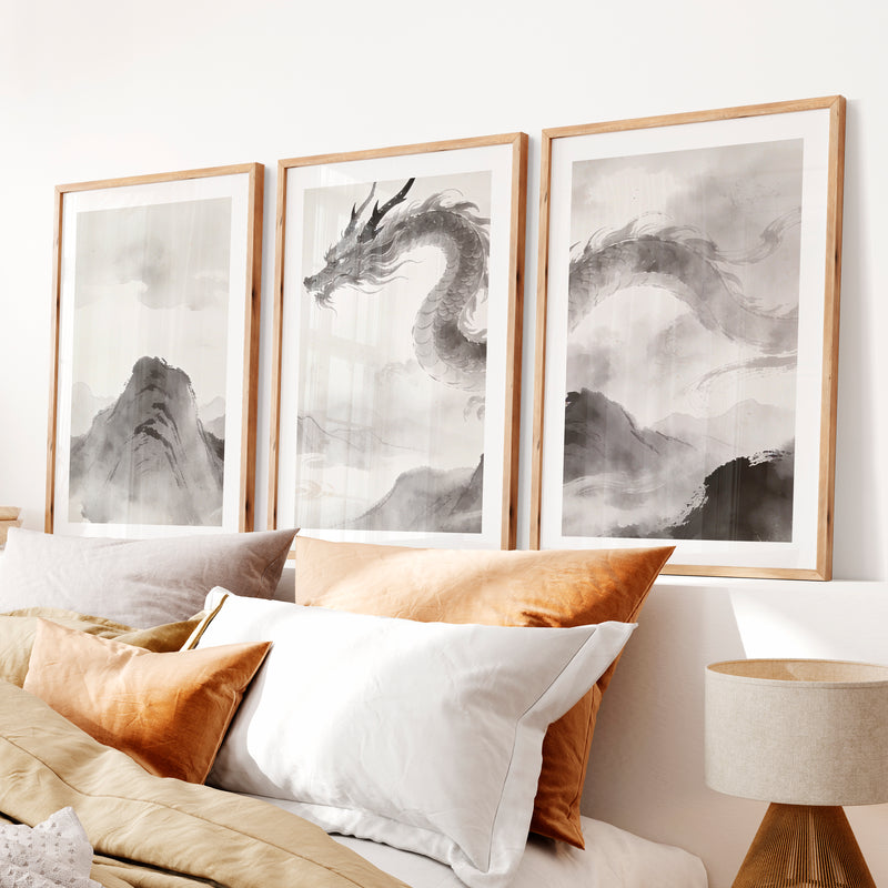Dragon Over Misty Mountains in japandi decor- Natural Wood Framed Poster with White Border - Artworksets