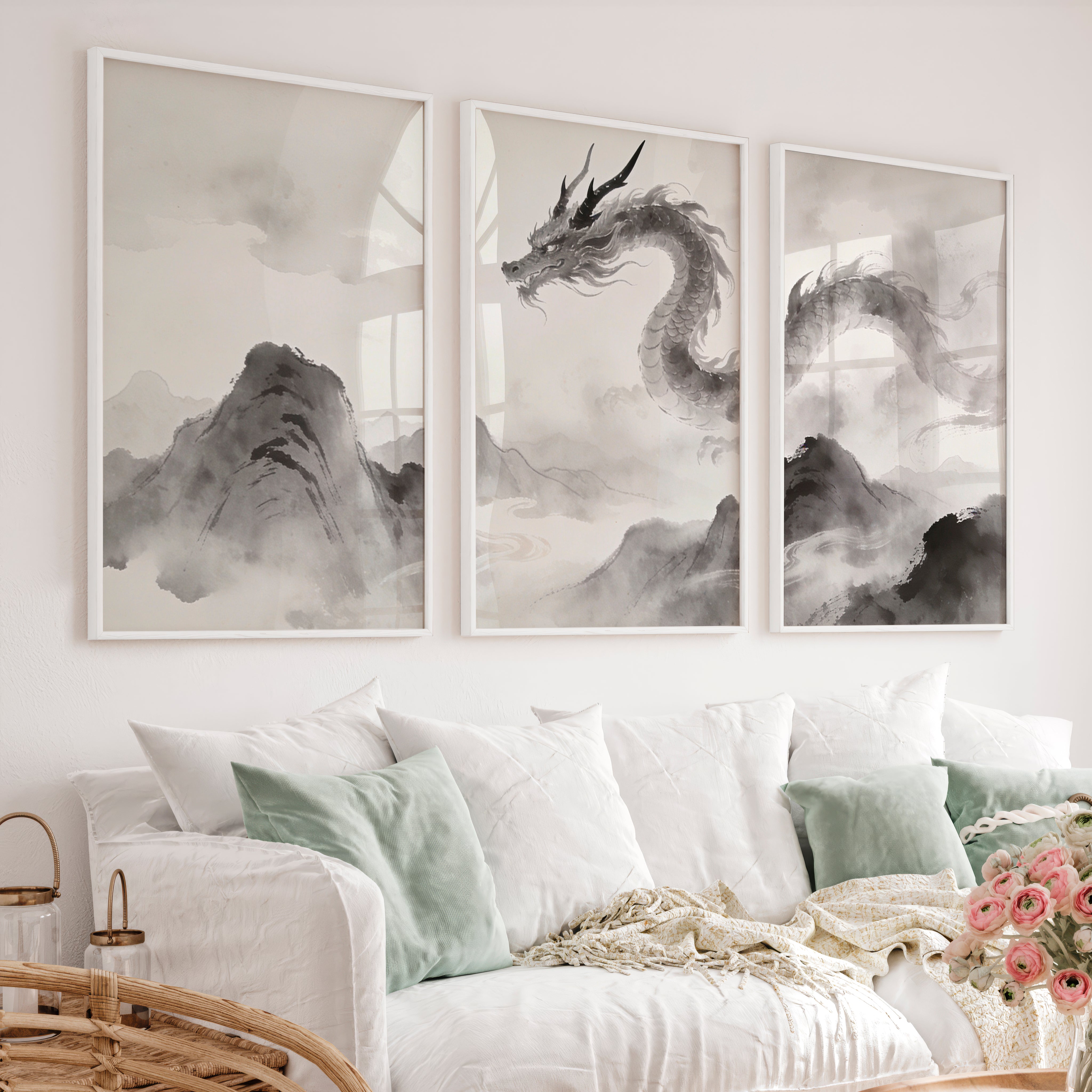 Dragon Over Misty Mountains in japandi decor - White Framed Poster No Border - Artworksets
