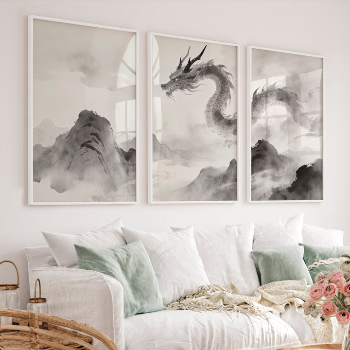 Dragon Over Misty Mountains in japandi decor - White Framed Poster No Border - Artworksets