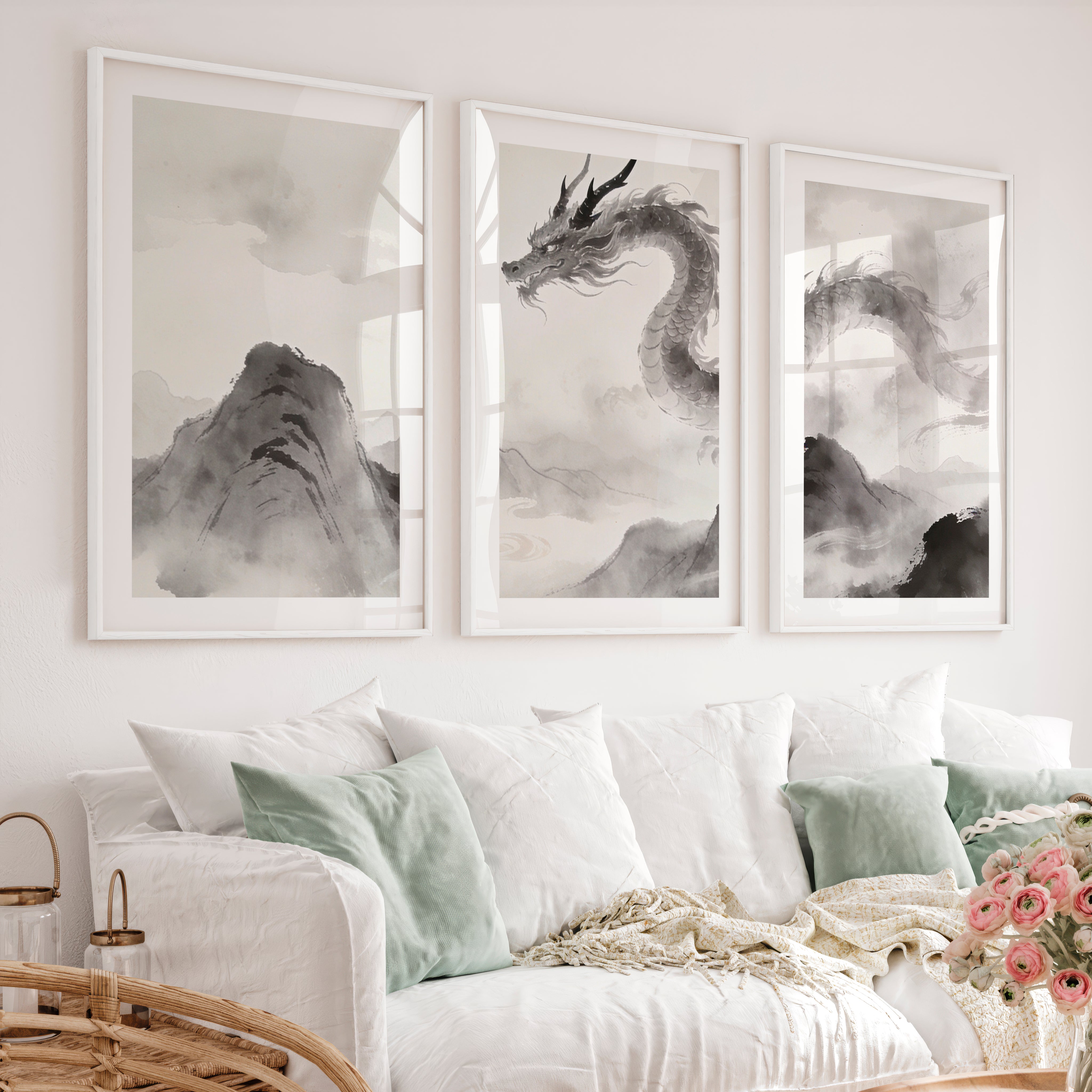 Dragon Over Misty Mountains in japandi decor - White Framed Poster with White Border - Artworksets