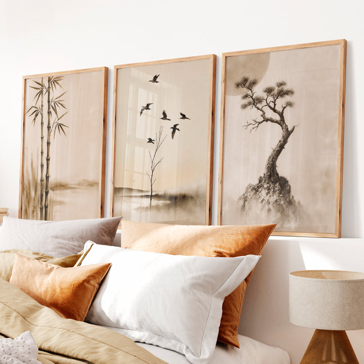 Bamboo Flight japandi decor ideas Wall Art - Natural Wood Framed Poster No Border - Artworksets