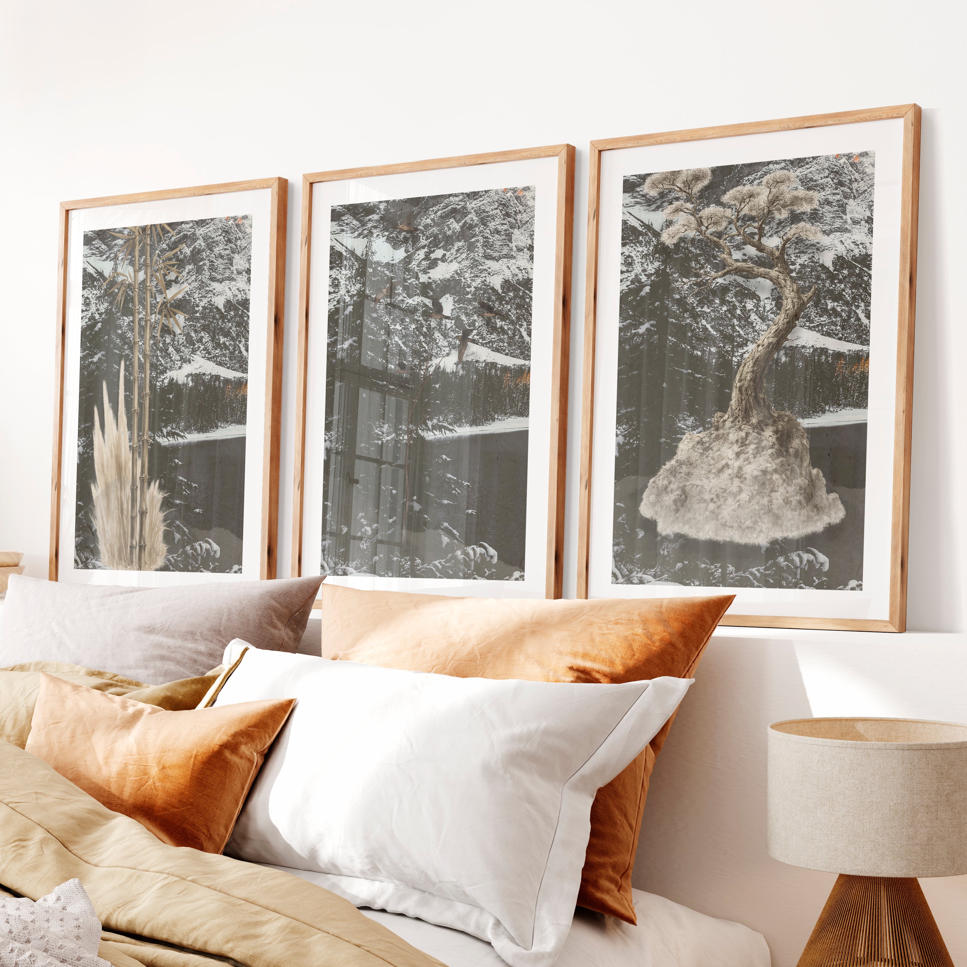 Bamboo Flight japandi decor ideas Wall Art- Natural Wood Framed Poster with White Border - Artworksets