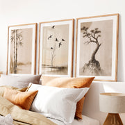 Bamboo Flight japandi decor ideas Wall Art- Natural Wood Framed Poster with White Border - Artworksets