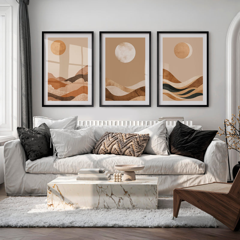 Layered Moon Landscape for japandi decor ideas - Black Framed Poster with White Border - Artworksets