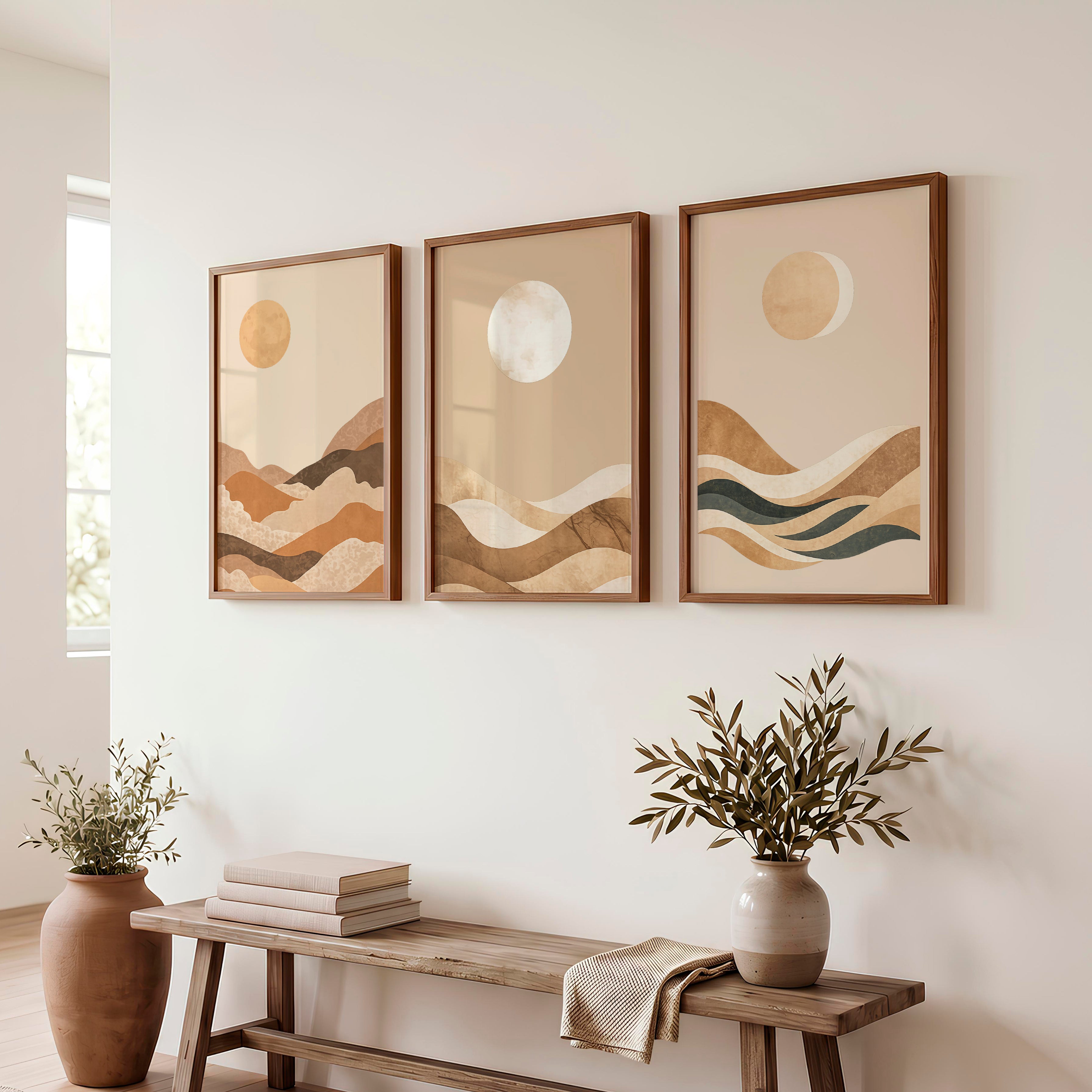 Layered Moon Landscape for japandi decor ideas - Dark Brown Framed Poster No Border - Artworksets