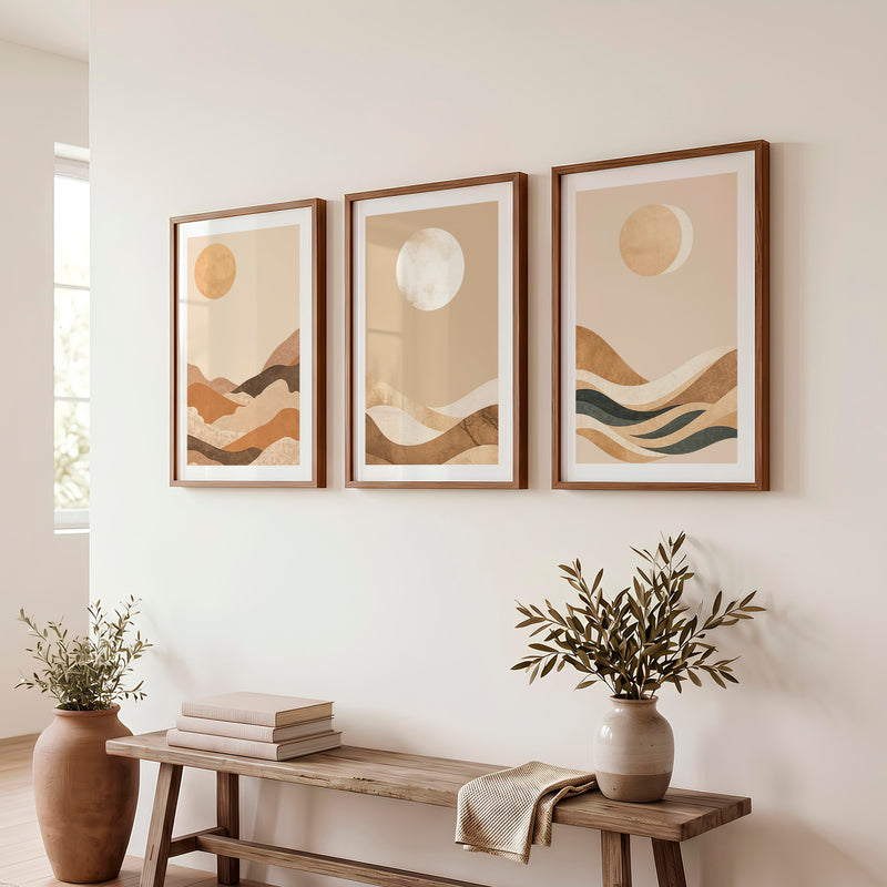 Layered Moon Landscape for japandi decor ideas - Dark Brown Framed Poster with White Border - Artworksets