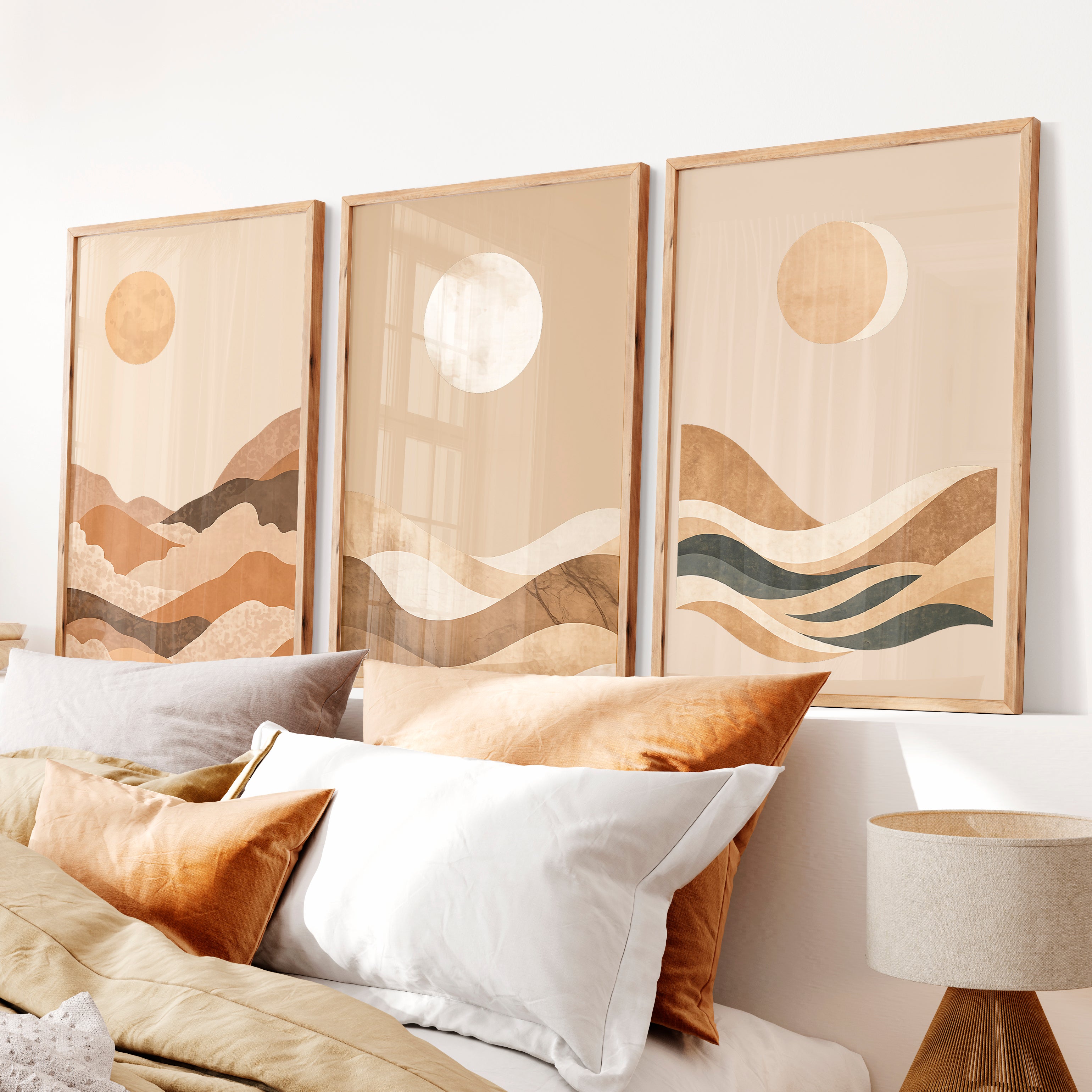 Layered Moon Landscape for japandi decor ideas - Natural Wood Framed Poster No Border - Artworksets