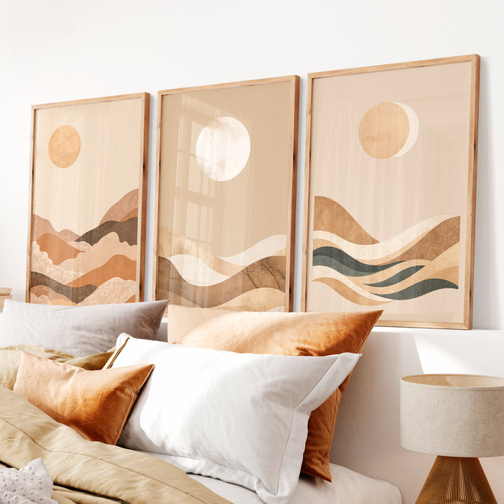 Layered Moon Landscape for japandi decor ideas - Natural Wood Framed Poster No Border - Artworksets