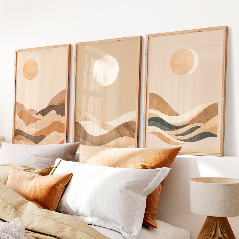 Layered Moon Landscape for japandi decor ideas - Natural Wood Framed Poster No Border - Artworksets