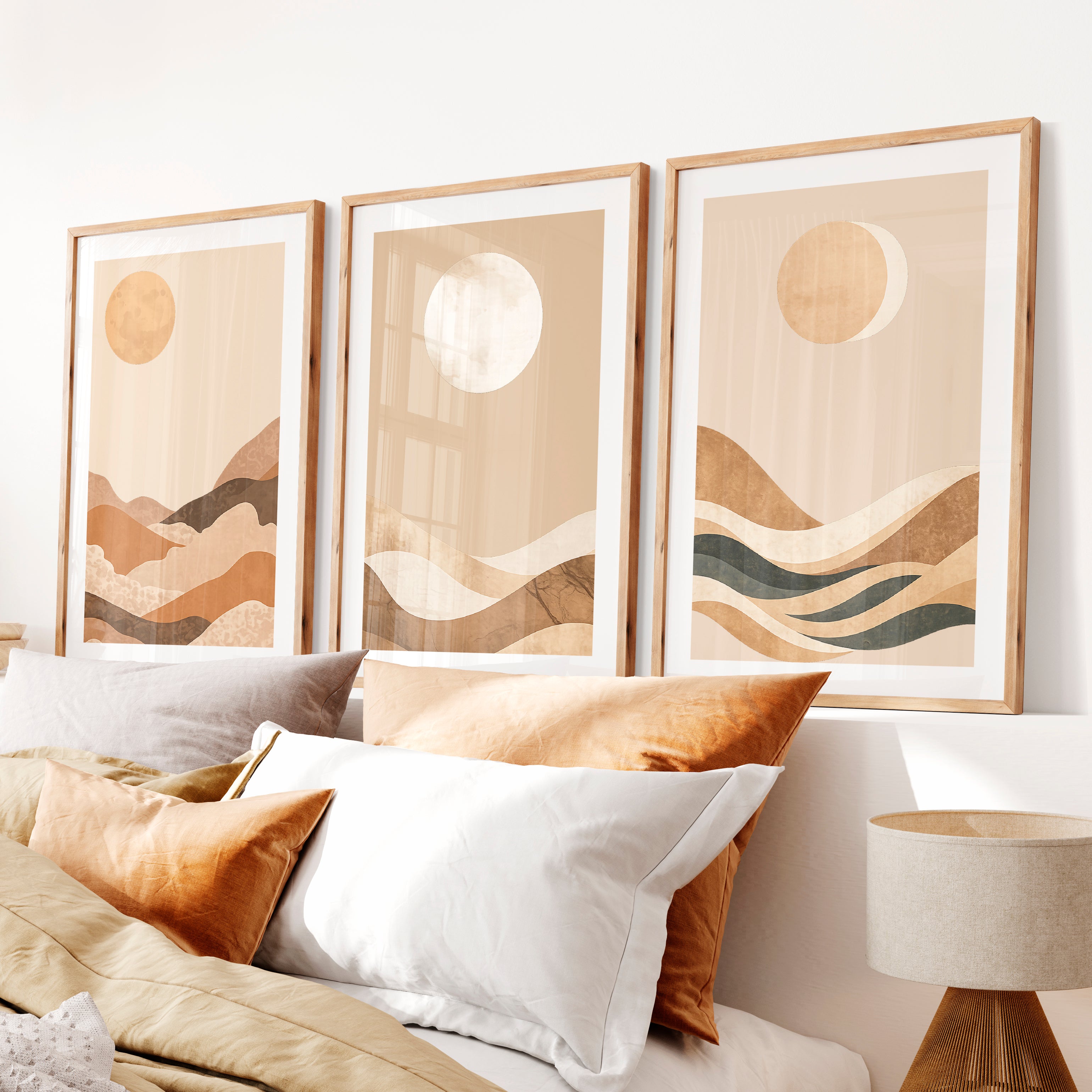 Layered Moon Landscape for japandi decor ideas- Natural Wood Framed Poster with White Border - Artworksets