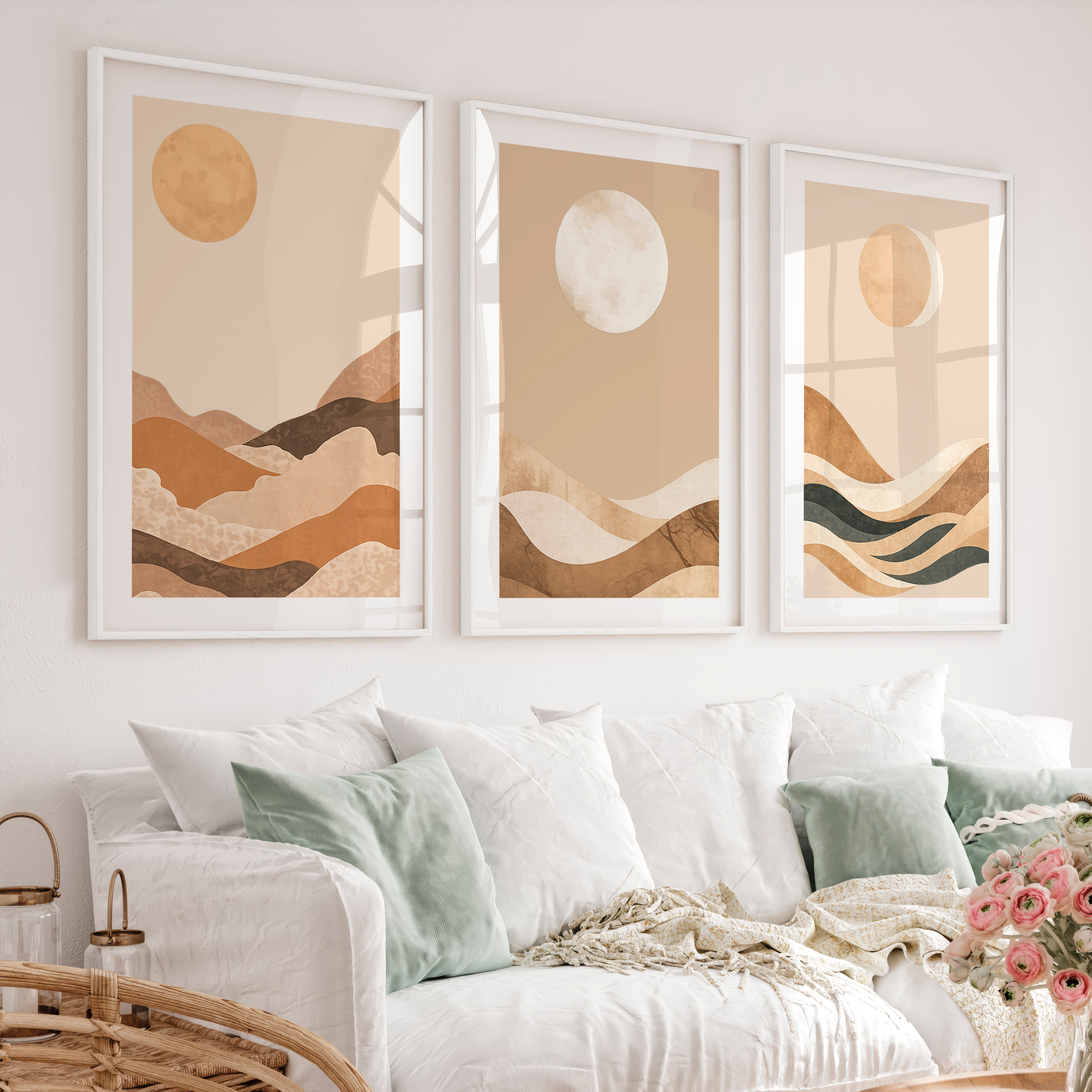 Layered Moon Landscape for japandi decor ideas - White Framed Poster with White Border - Artworksets