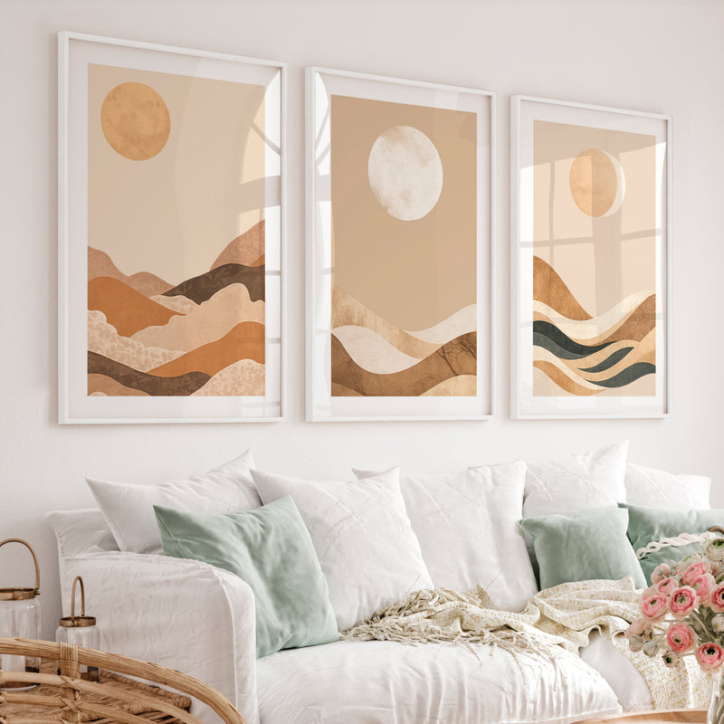 Layered Moon Landscape for japandi decor ideas - White Framed Poster with White Border - Artworksets