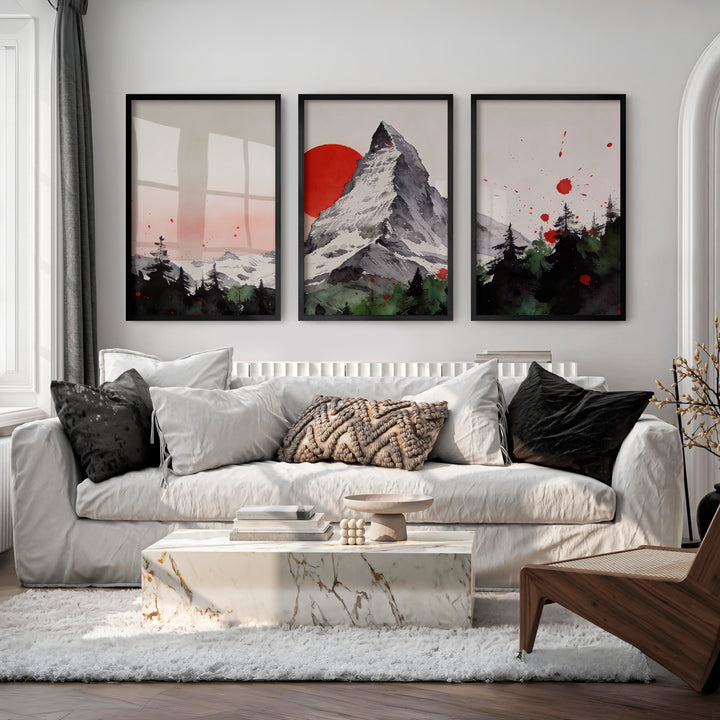 Red Sun Mountain japandi decor ideas Print - Black Framed Poster No Border - Artworksets