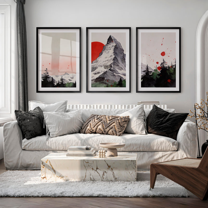 Red Sun Mountain japandi decor ideas Print - Black Framed Poster with White Border - Artworksets