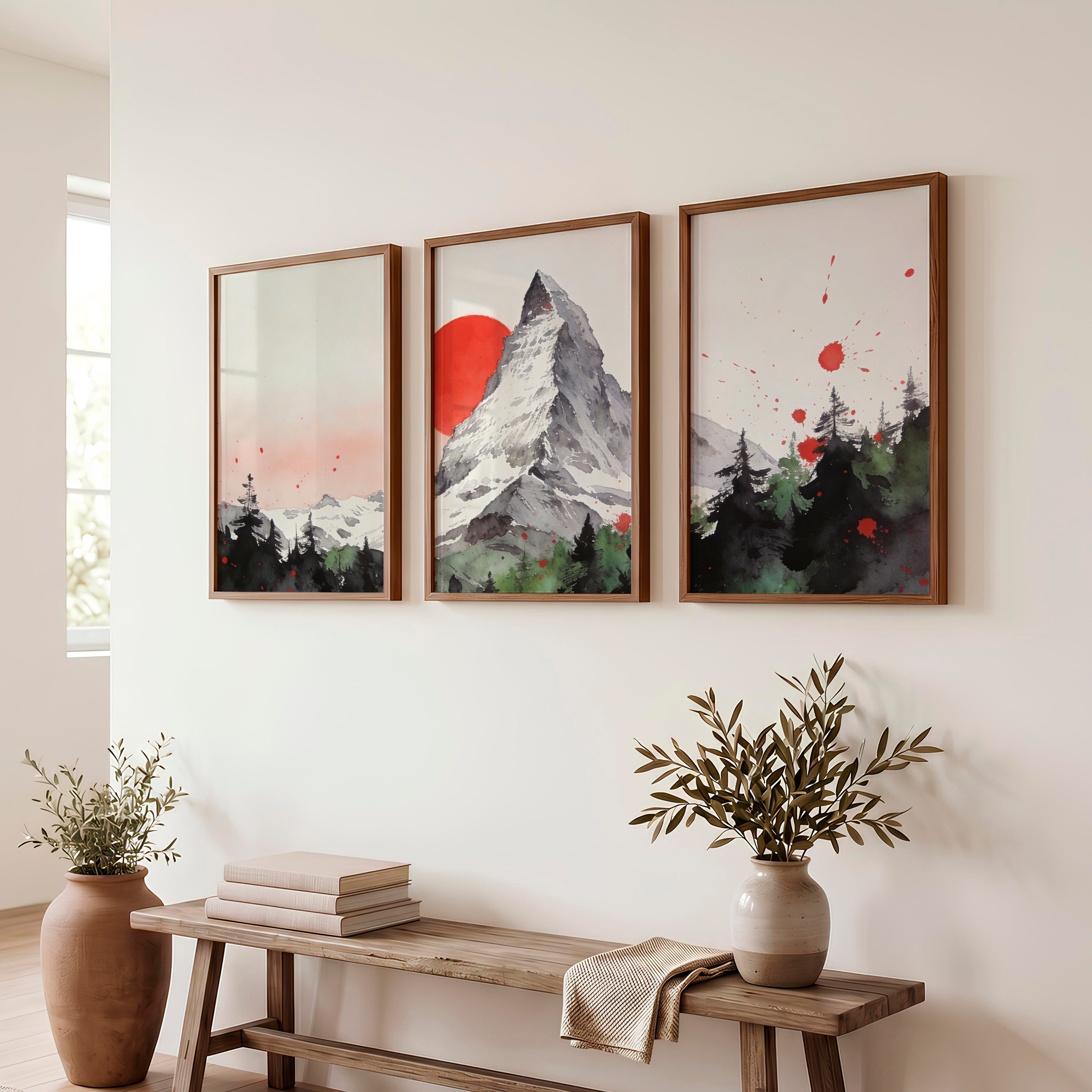 Red Sun Mountain japandi decor ideas Print - Dark Brown Framed Poster No Border - Artworksets