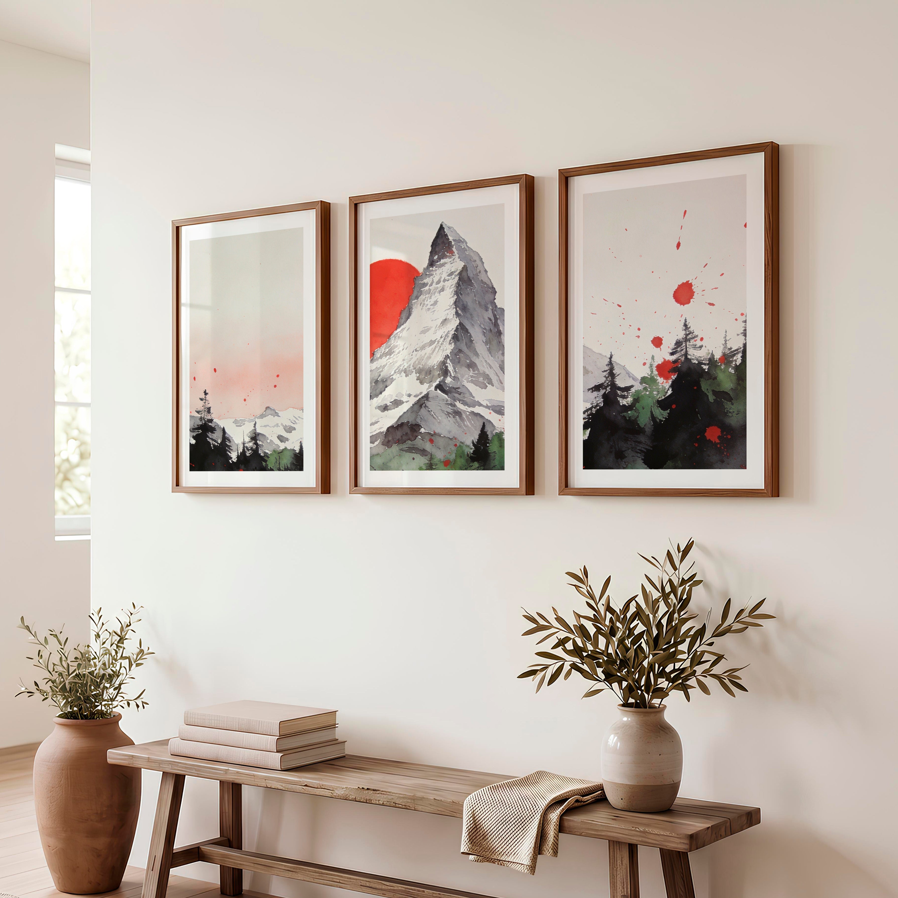 Red Sun Mountain japandi decor ideas Print - Dark Brown Framed Poster with White Border - Artworksets