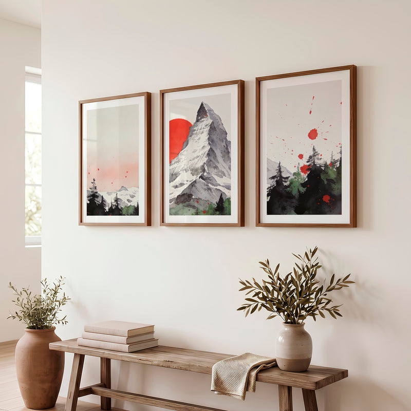 Red Sun Mountain japandi decor ideas Print - Dark Brown Framed Poster with White Border - Artworksets