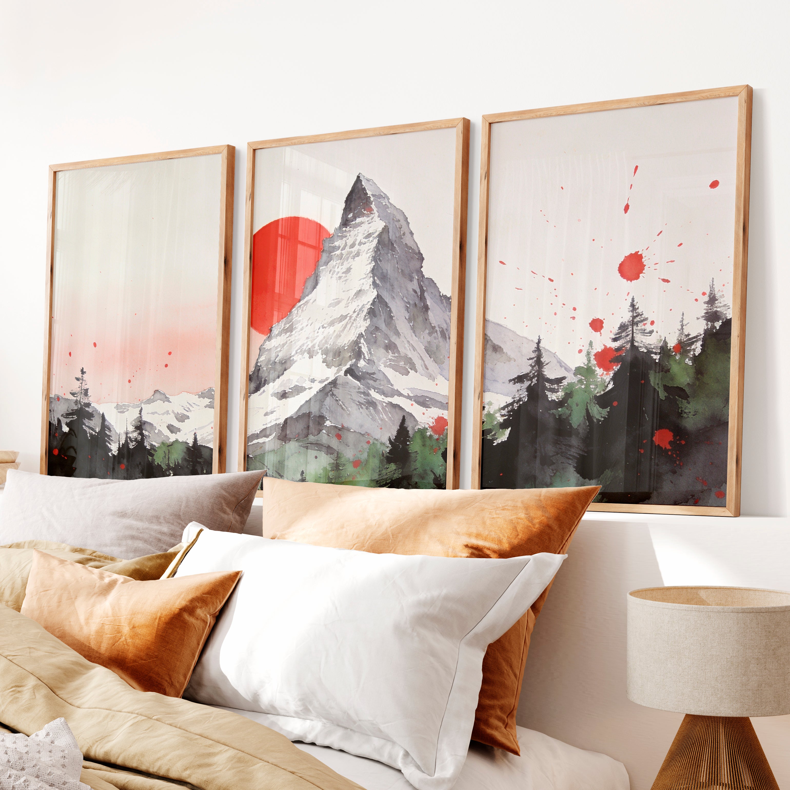 Red Sun Mountain japandi decor ideas Print - Natural Wood Framed Poster No Border - Artworksets