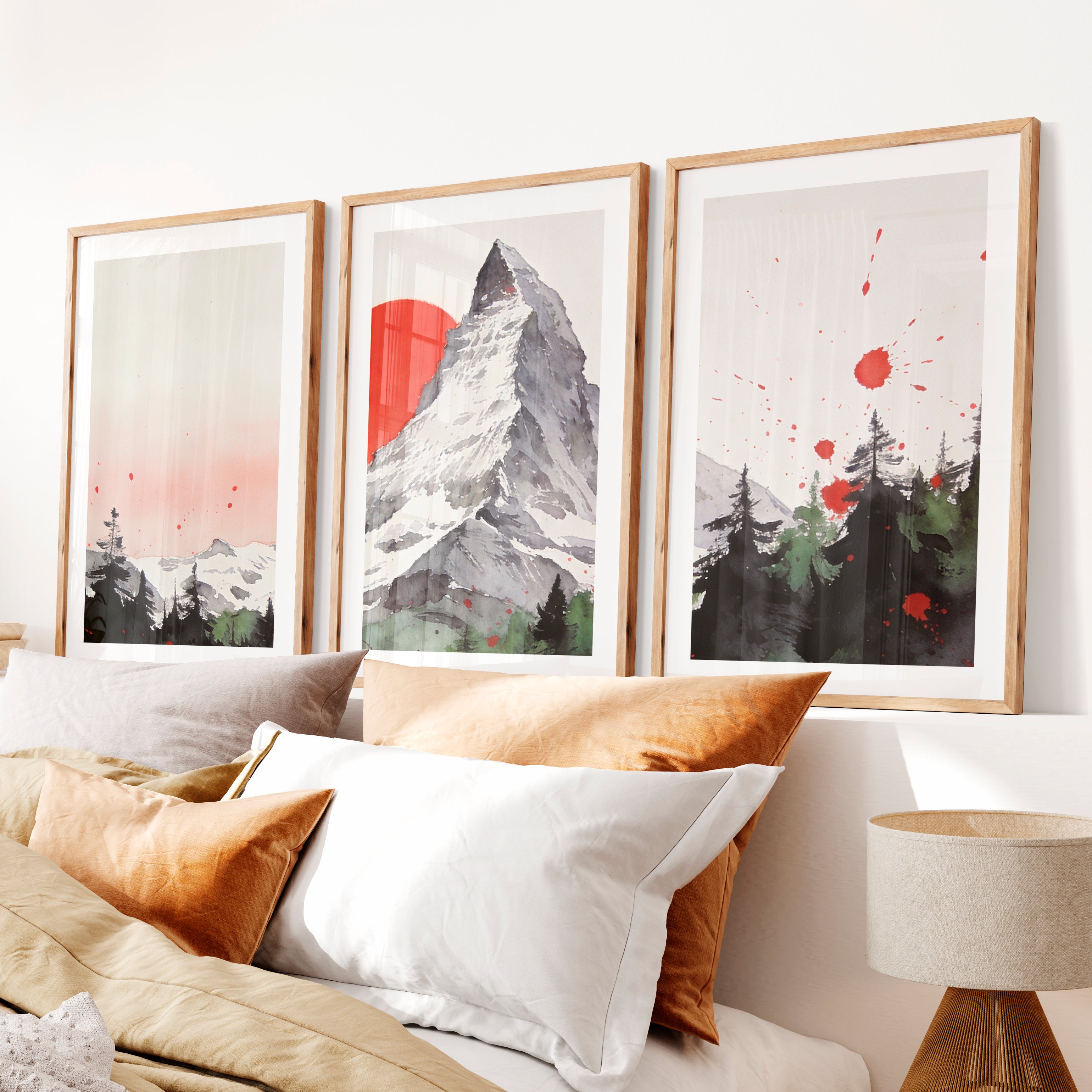 Red Sun Mountain japandi decor ideas Print- Natural Wood Framed Poster with White Border - Artworksets