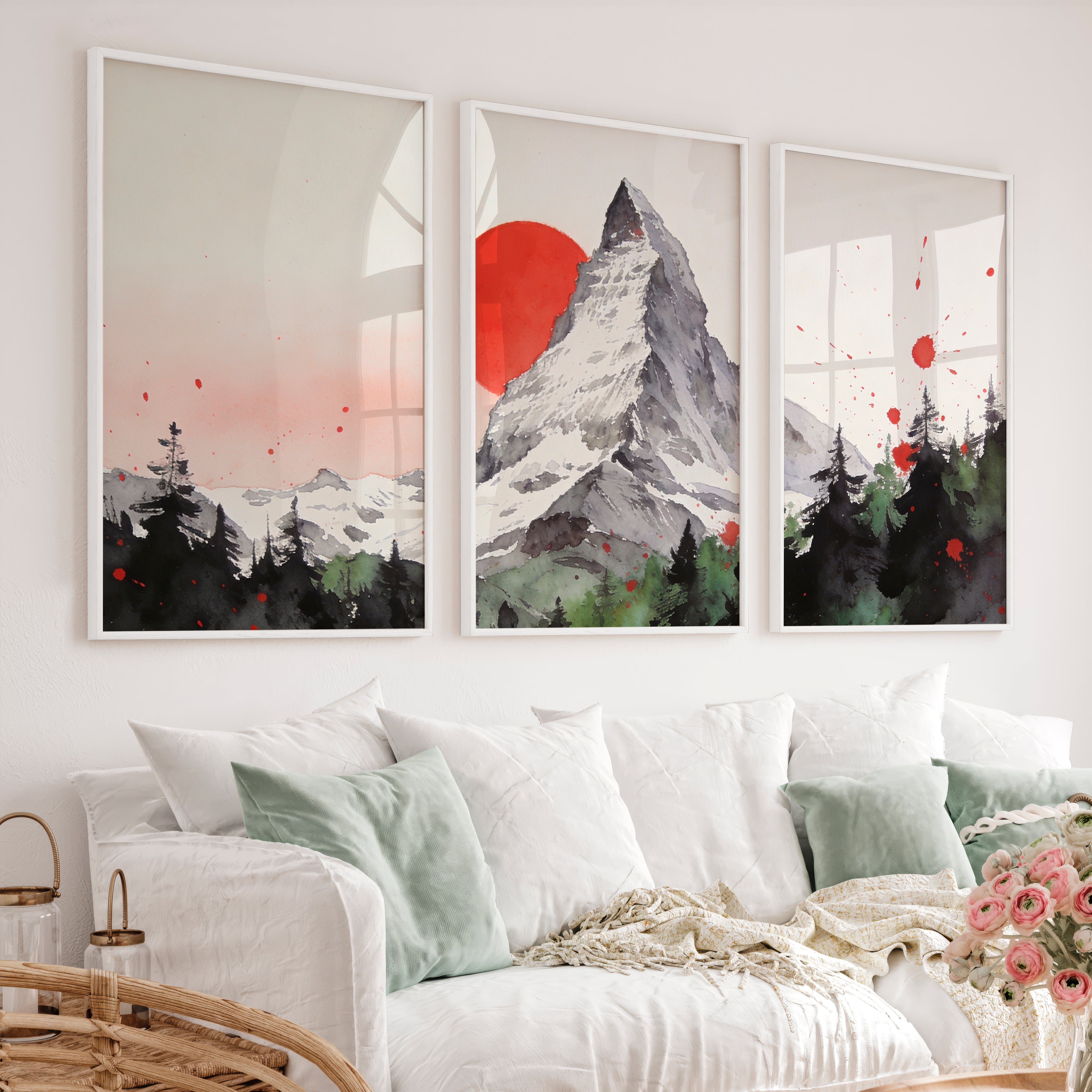 Red Sun Mountain japandi decor ideas Print - White Framed Poster No Border - Artworksets
