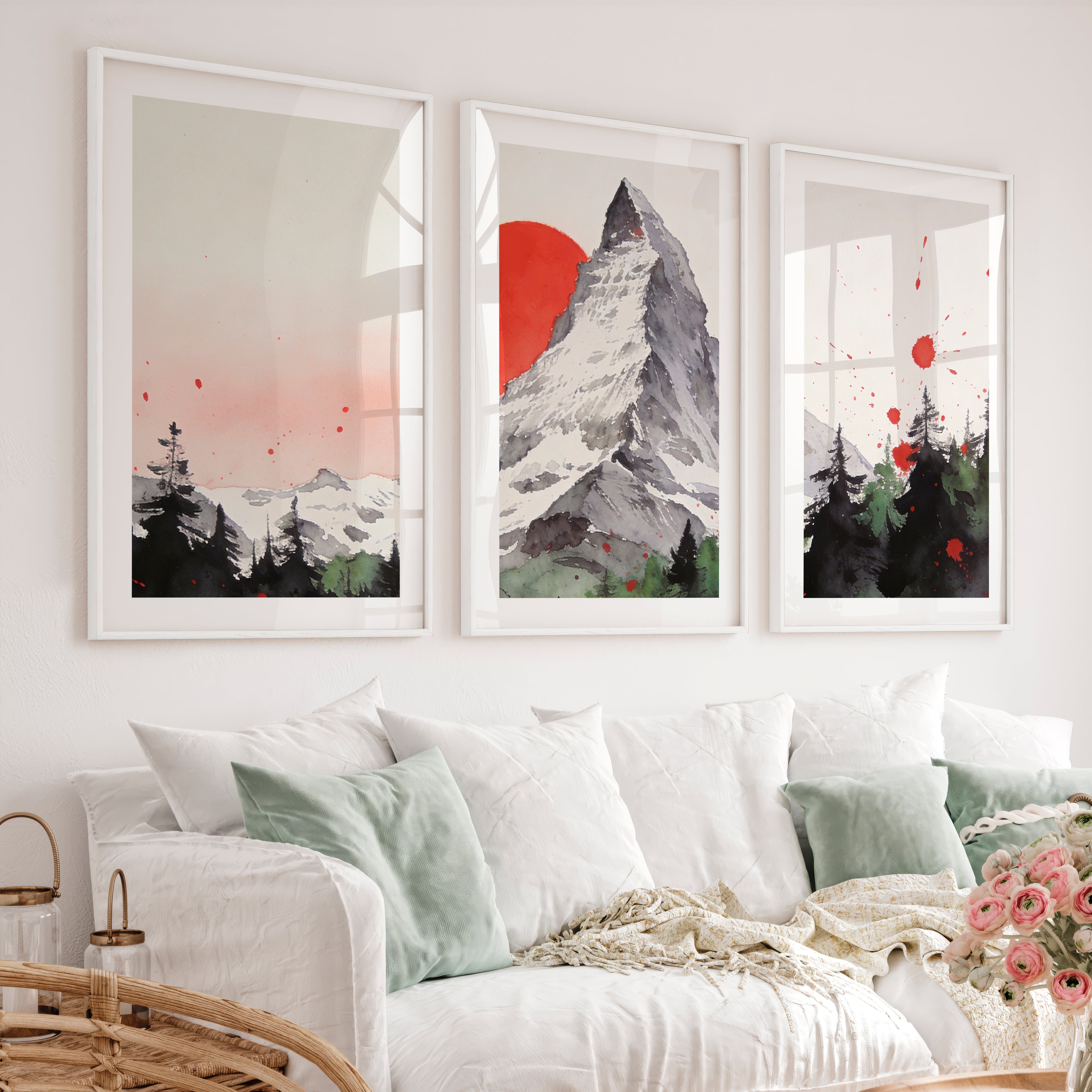 Red Sun Mountain japandi decor ideas Print - White Framed Poster with White Border - Artworksets