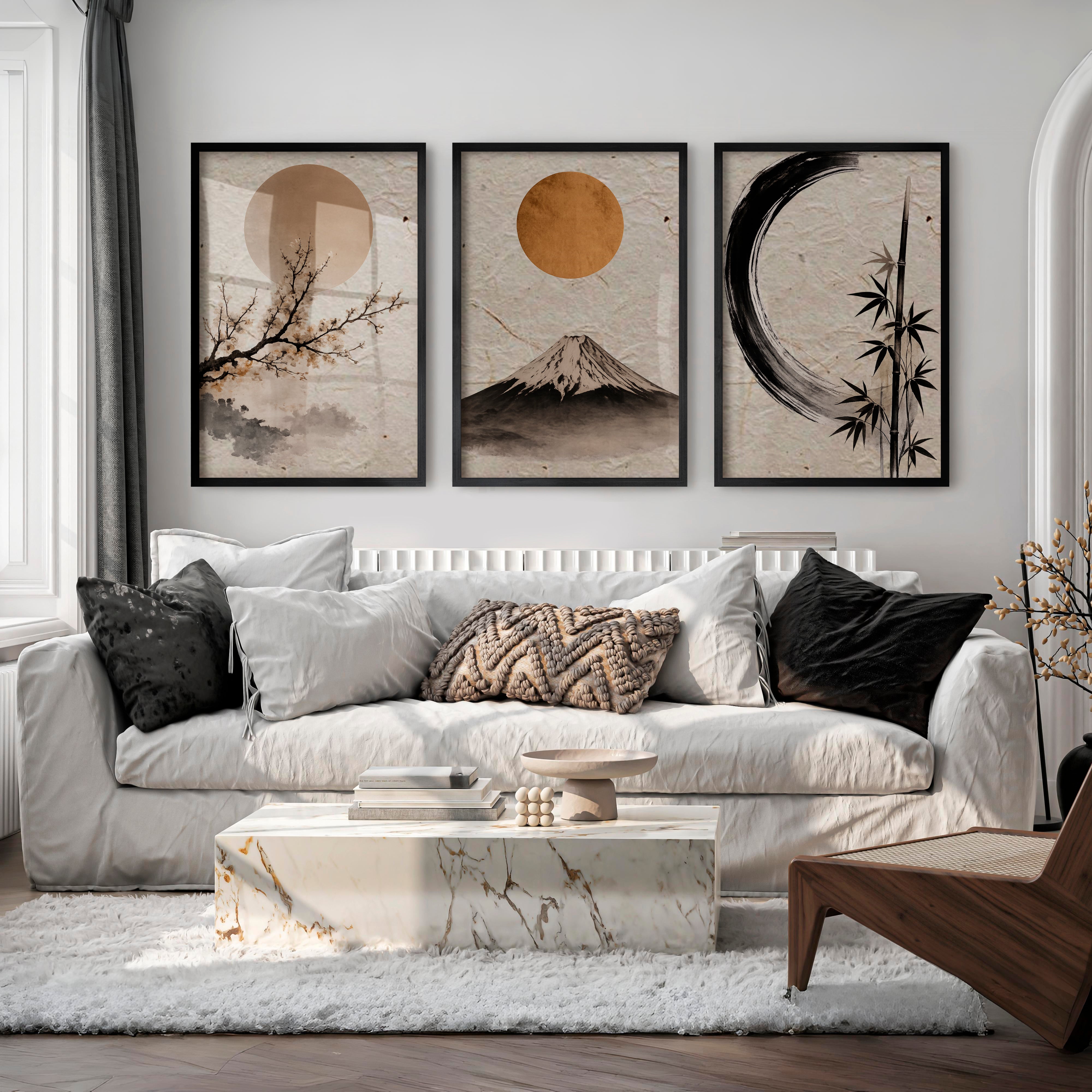 Moonlit Fuji japandi decor - Black Framed Poster No Border - Artworksets