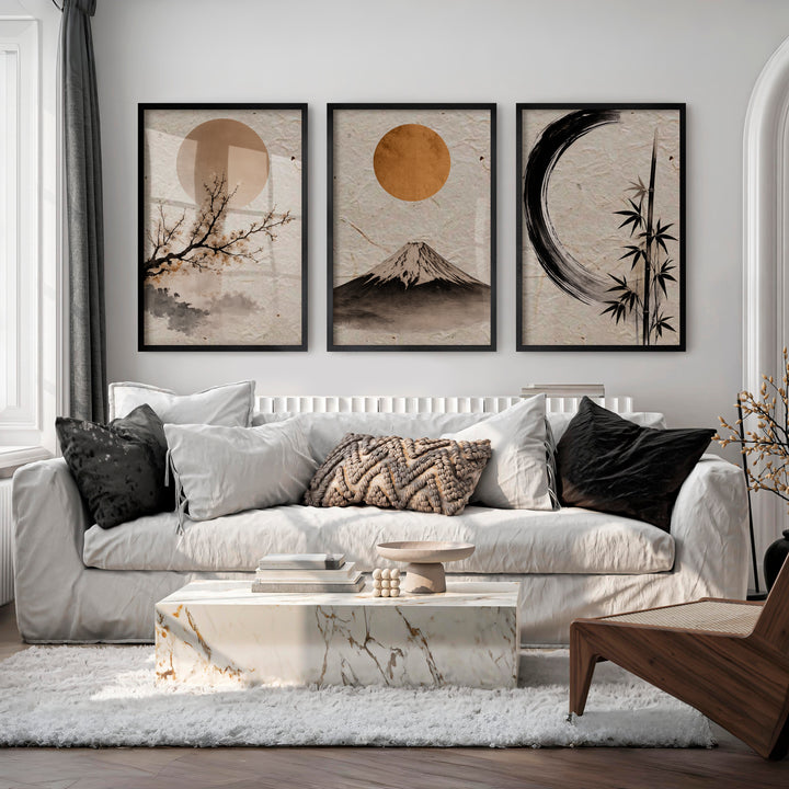 Moonlit Fuji japandi decor - Black Framed Poster No Border - Artworksets