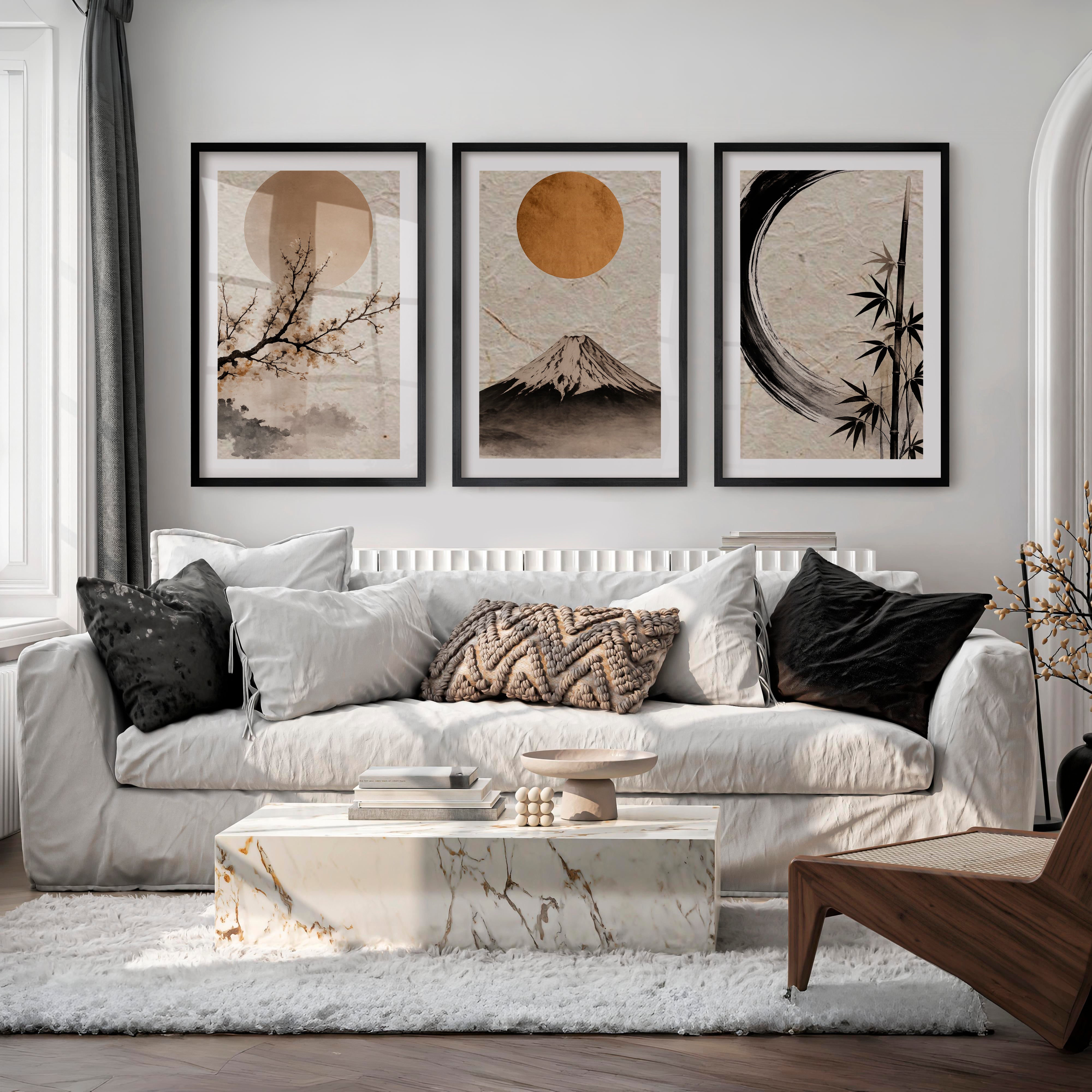 Moonlit Fuji japandi decor - Black Framed Poster with White Border - Artworksets