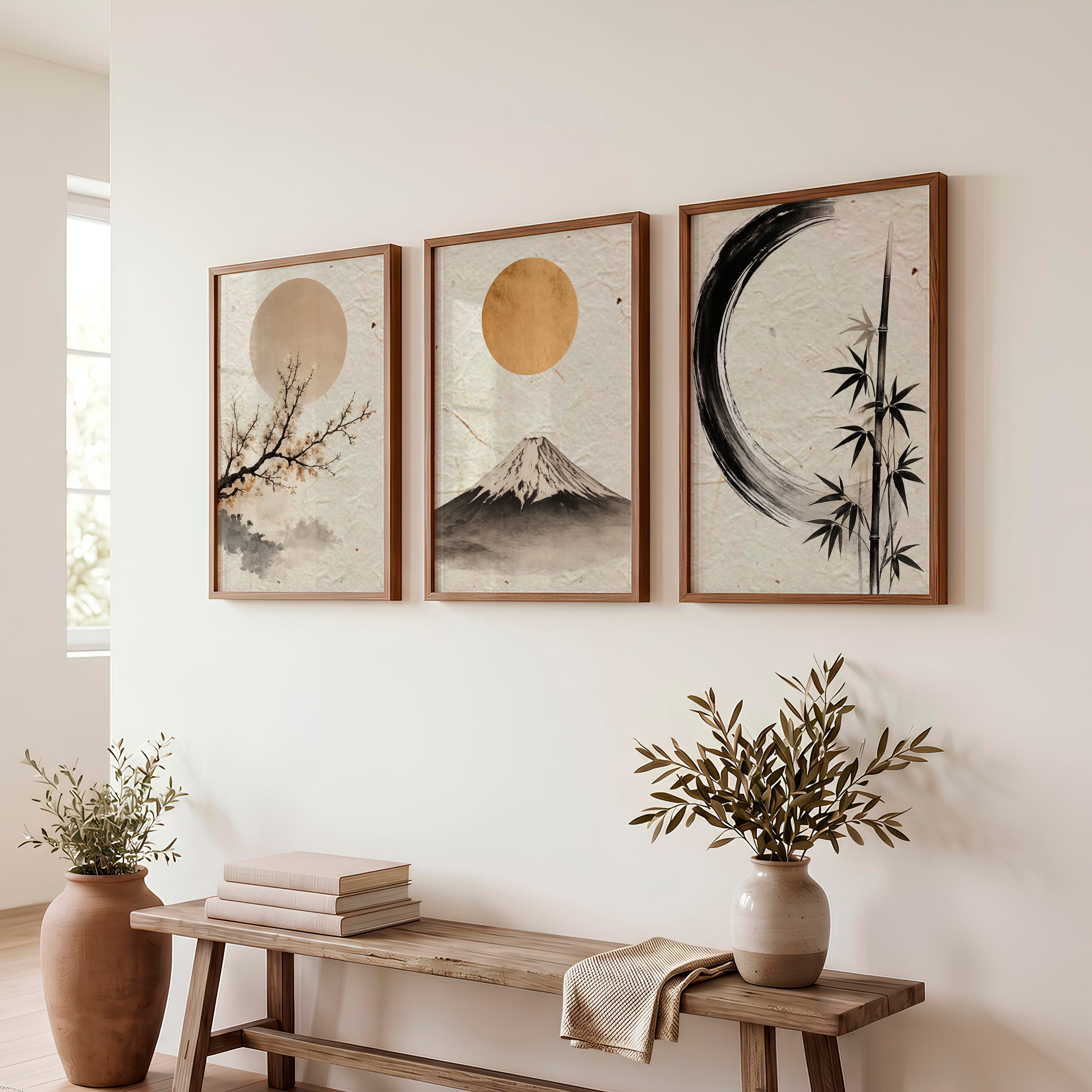 Moonlit Fuji japandi decor - Dark Brown Framed Poster No Border - Artworksets