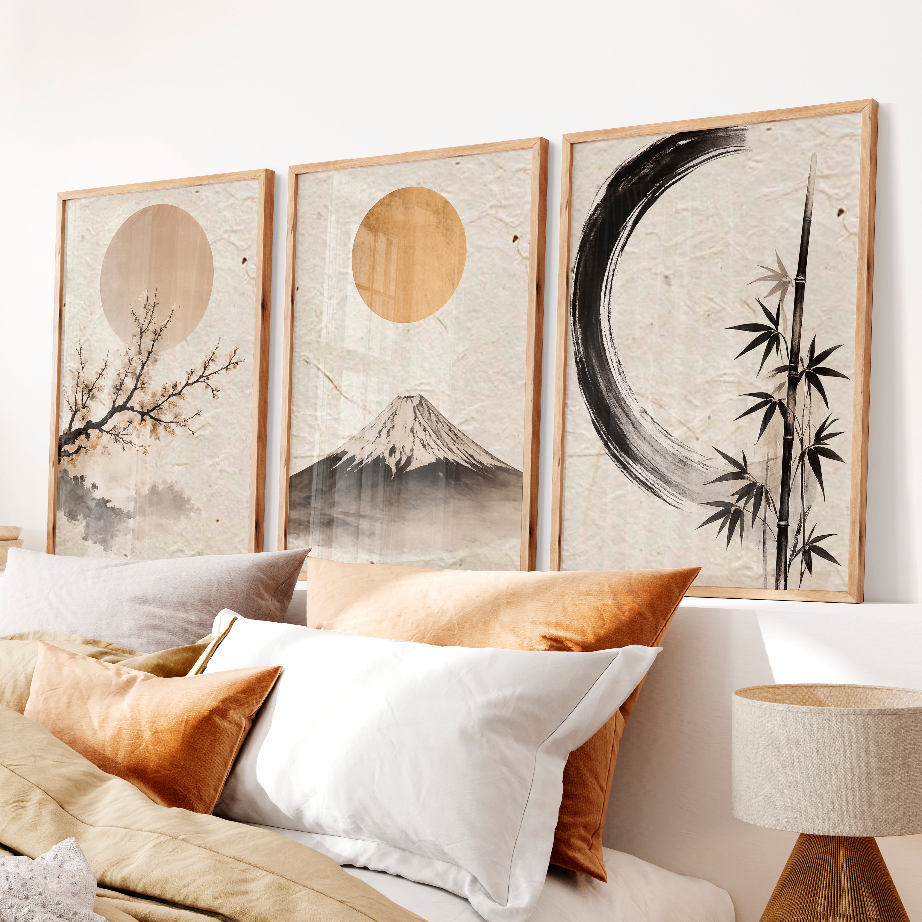 Moonlit Fuji japandi decor - Natural Wood Framed Poster No Border - Artworksets