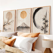 Moonlit Fuji japandi decor - Natural Wood Framed Poster No Border - Artworksets
