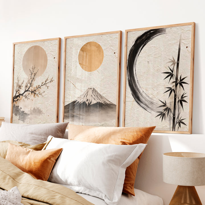 Moonlit Fuji japandi decor - Natural Wood Framed Poster No Border - Artworksets