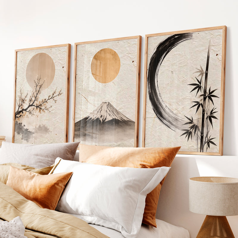 Moonlit Fuji japandi decor - Natural Wood Framed Poster No Border - Artworksets