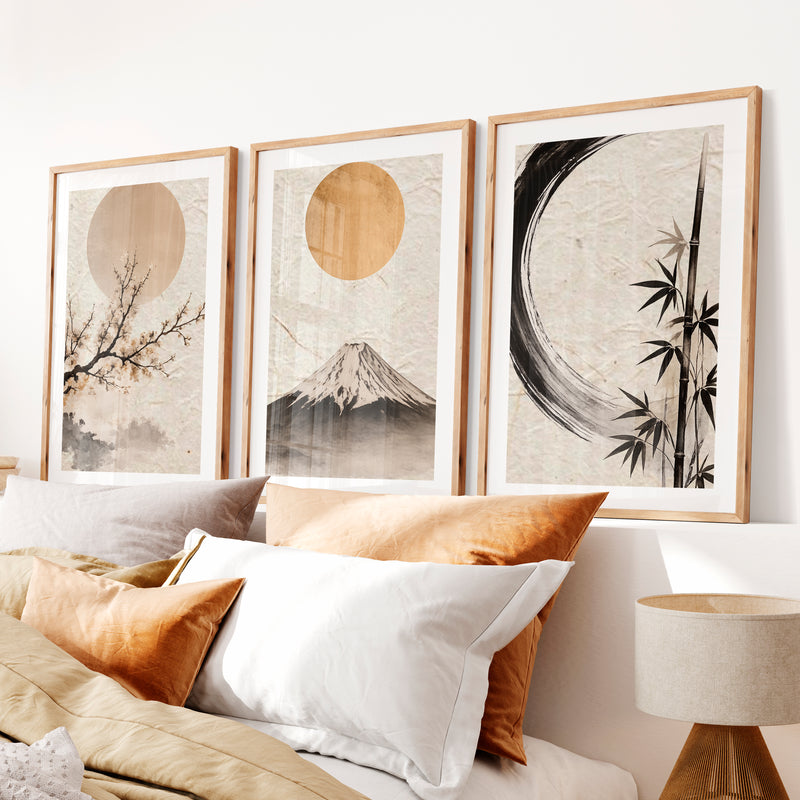 Moonlit Fuji japandi decor- Natural Wood Framed Poster with White Border - Artworksets