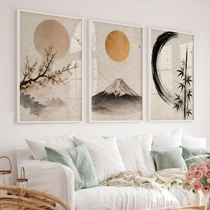 Moonlit Fuji japandi decor - White Framed Poster No Border - Artworksets
