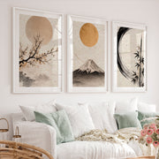 Moonlit Fuji japandi decor - White Framed Poster with White Border - Artworksets