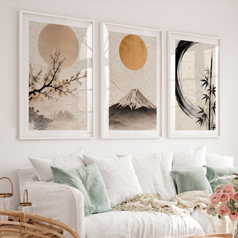 Moonlit Fuji japandi decor - White Framed Poster with White Border - Artworksets