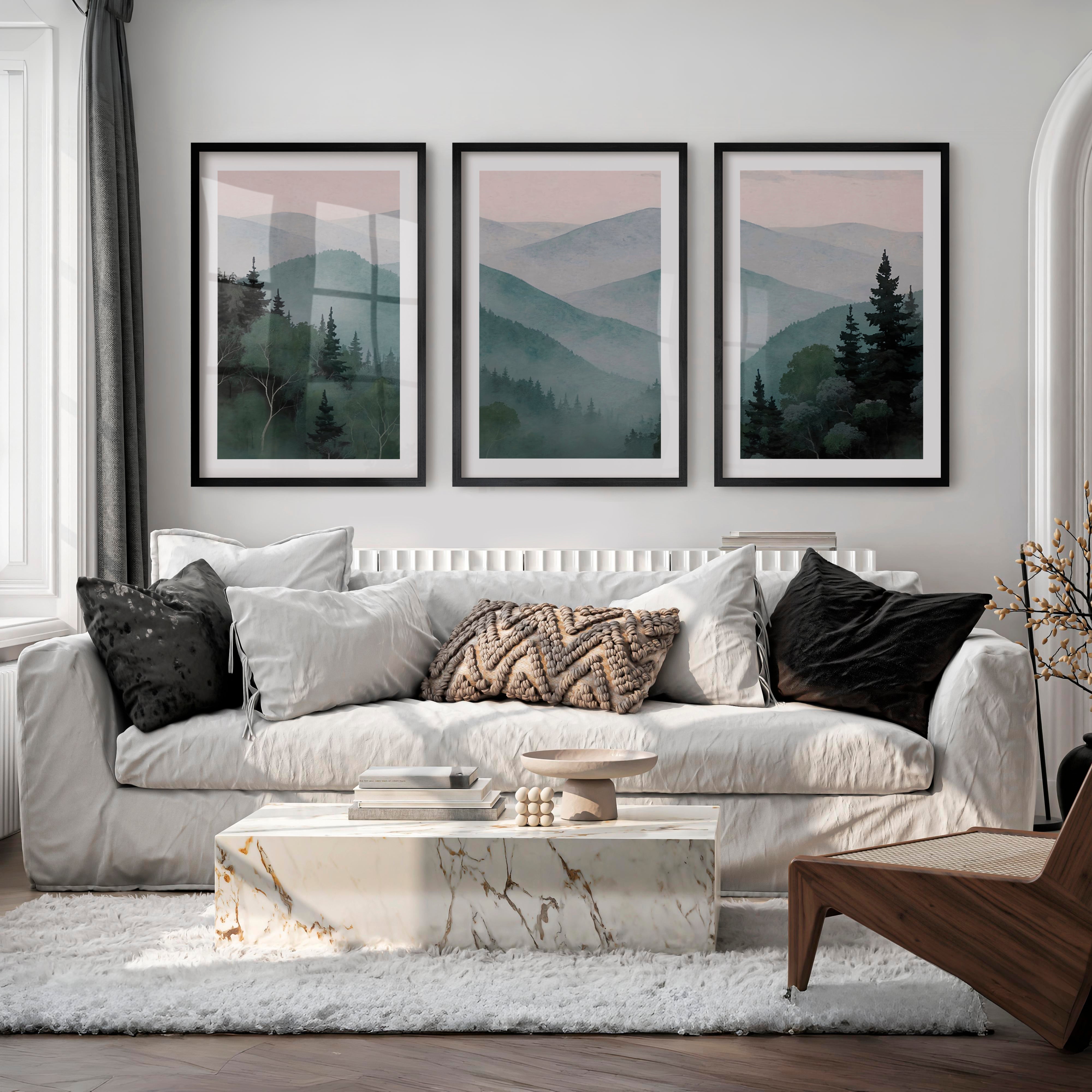 Misty Mountain Japandi Decor - Black Framed Poster with White Border - Artworksets