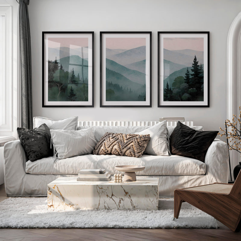 Misty Mountain Japandi Decor - Black Framed Poster with White Border - Artworksets