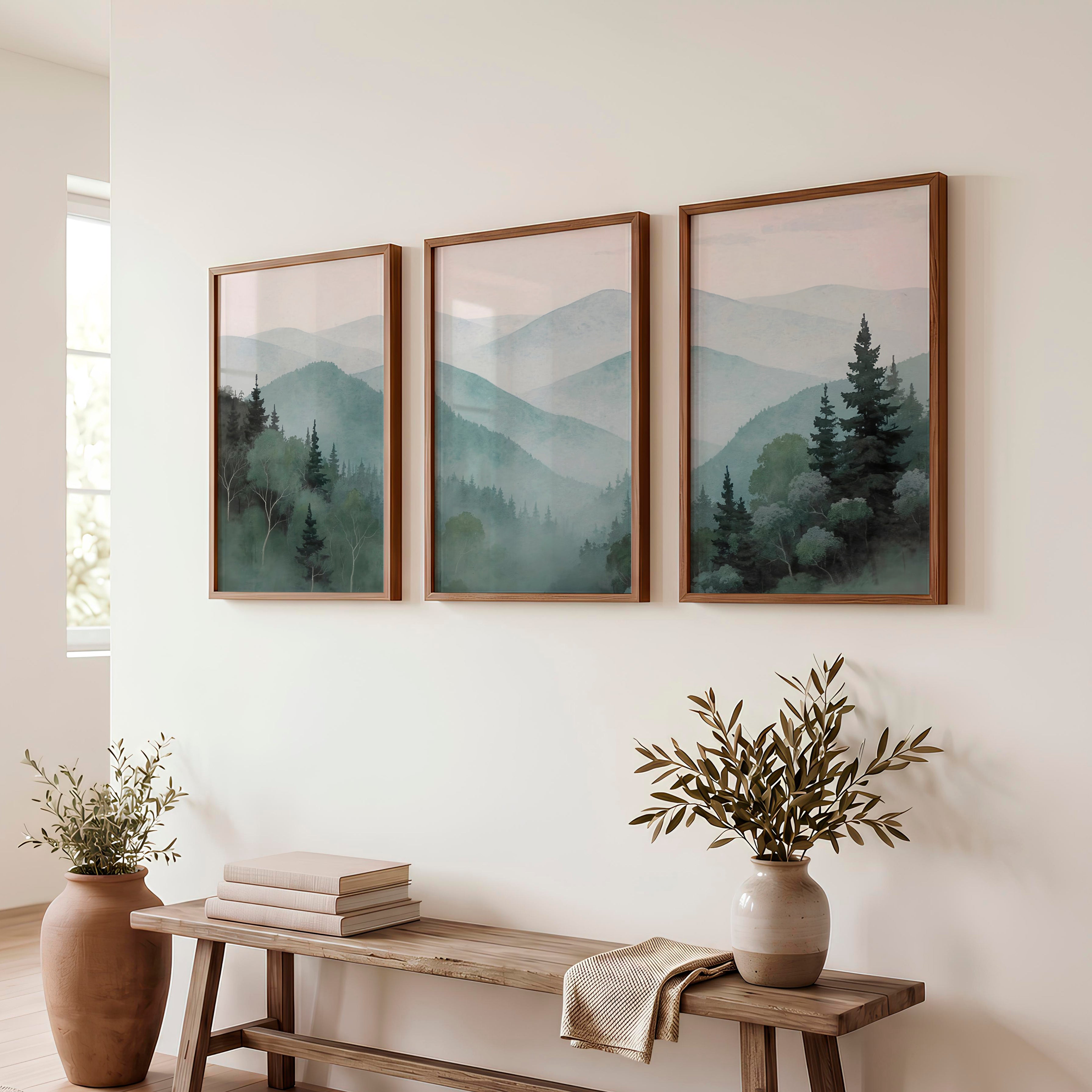 Misty Mountain Japandi Decor - Dark Brown Framed Poster No Border - Artworksets