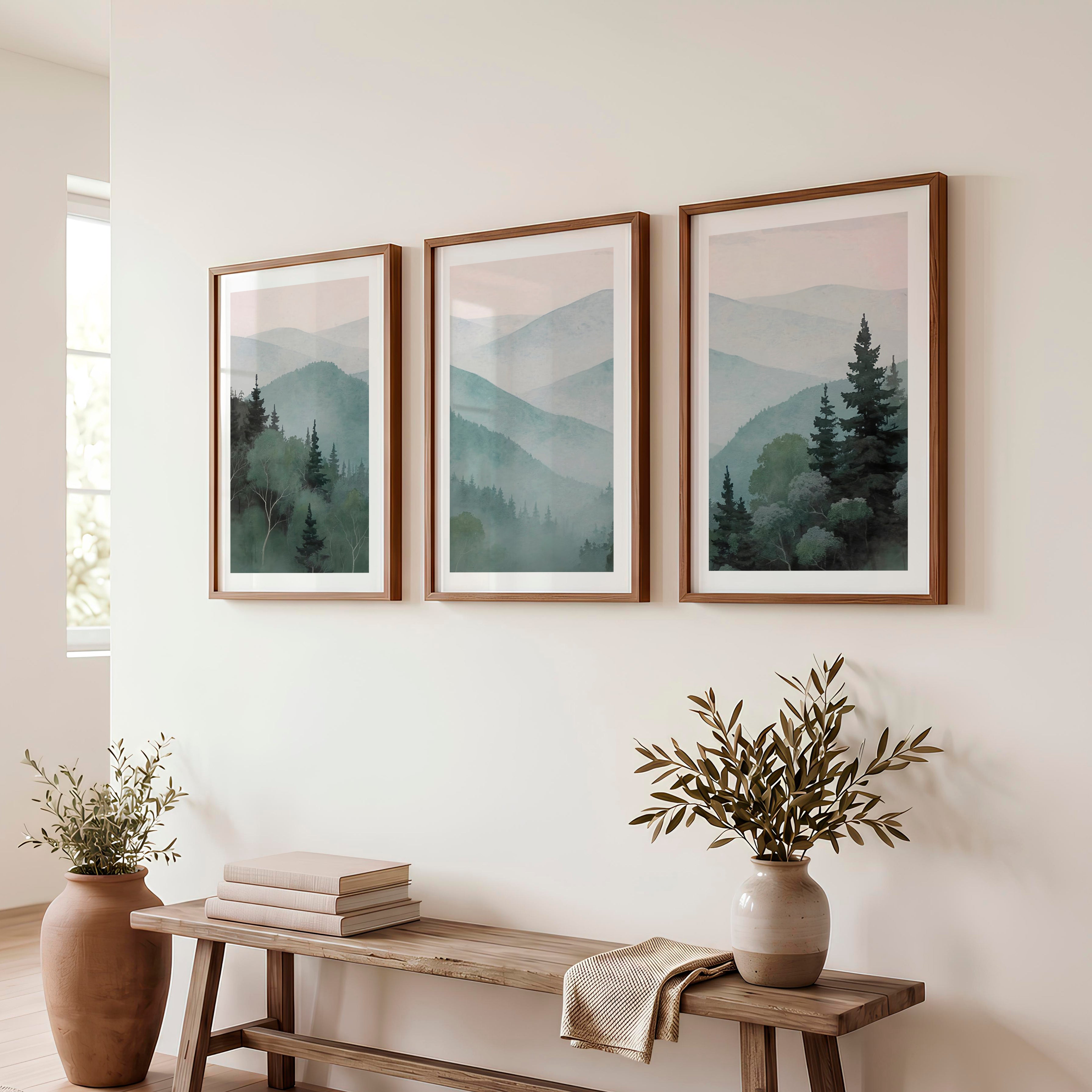 Misty Mountain Japandi Decor - Dark Brown Framed Poster with White Border - Artworksets