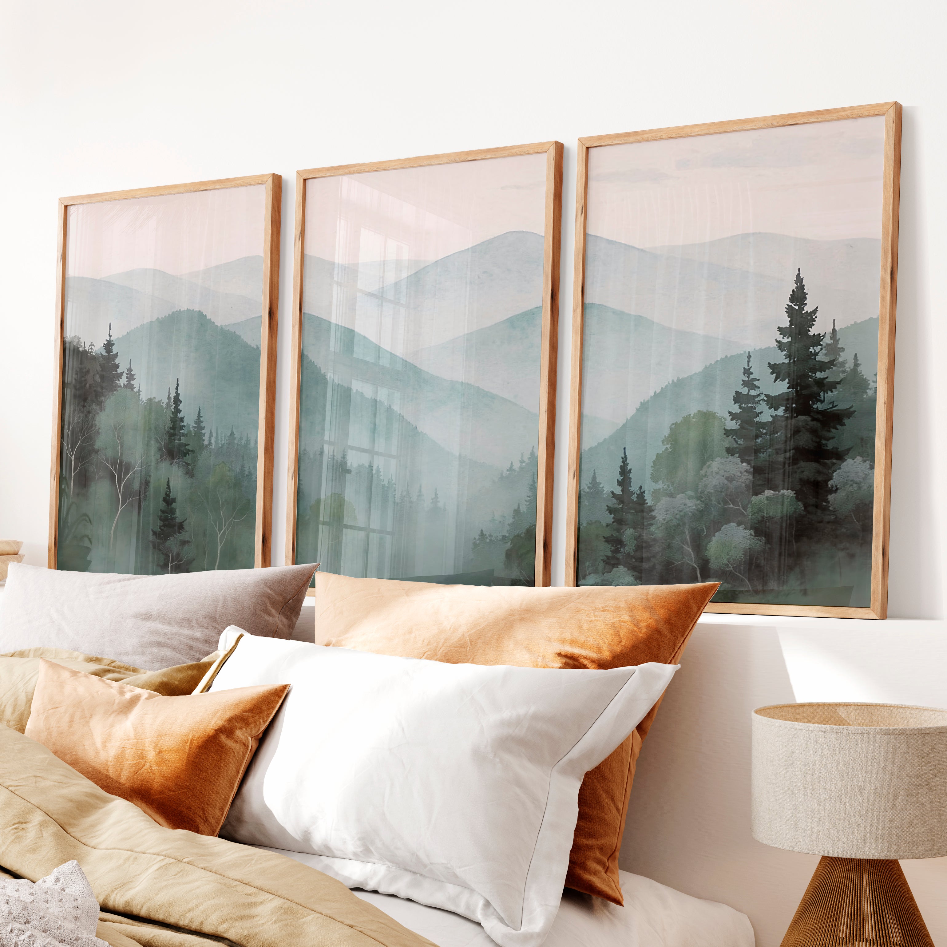 Misty Mountain Japandi Decor - Natural Wood Framed Poster No Border - Artworksets