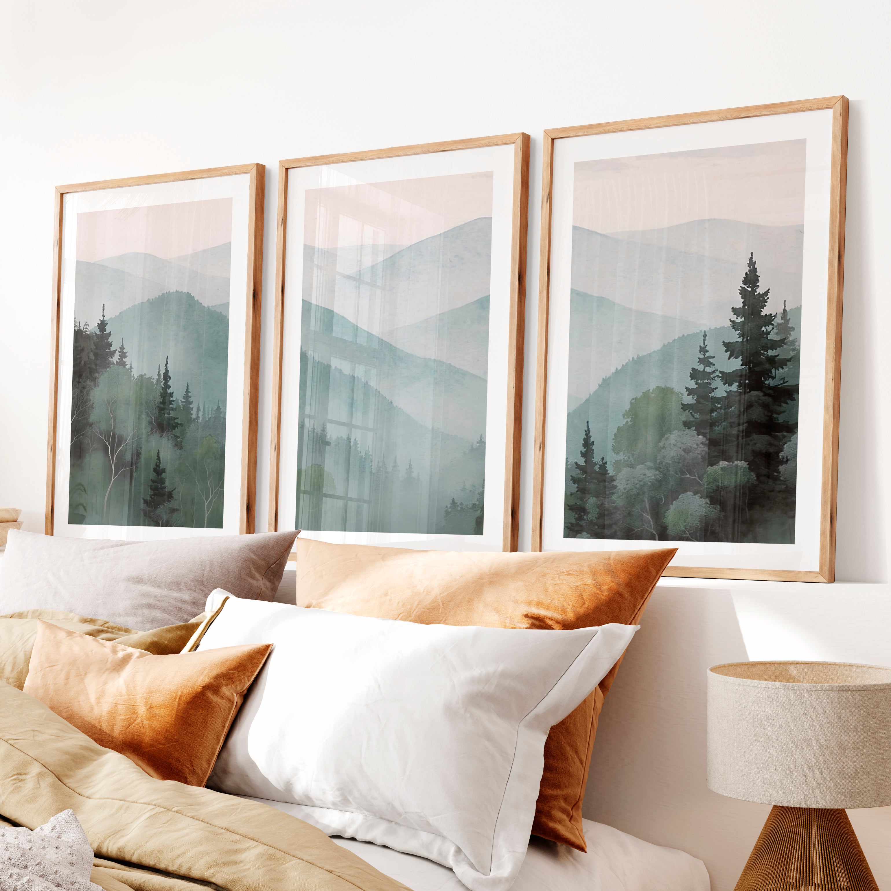 Misty Mountain Japandi Decor- Natural Wood Framed Poster with White Border - Artworksets