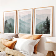 Misty Mountain Japandi Decor- Natural Wood Framed Poster with White Border - Artworksets